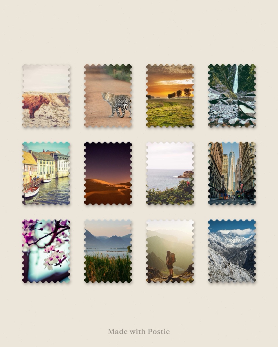 Twelve photos as perforated stamps on cream paper
